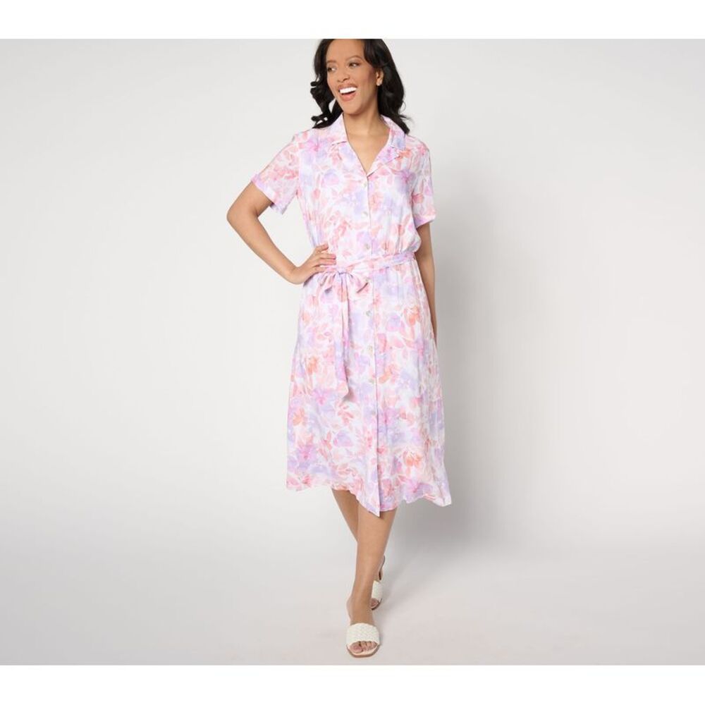 Side Stitch Pastel Floral Button-Front Midi Dress